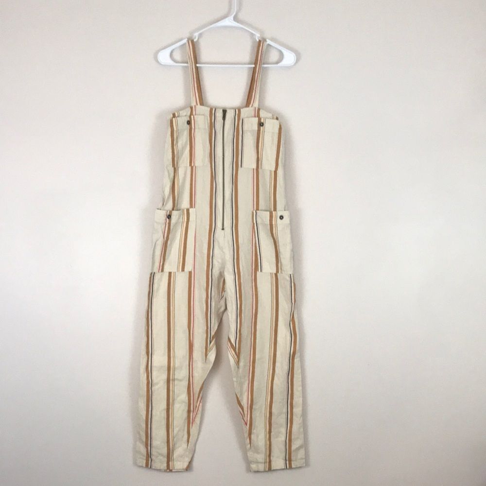 Billabong Jumpsuit Coveralls Women’s Sz Small Cream Orange Retro Striped Overall